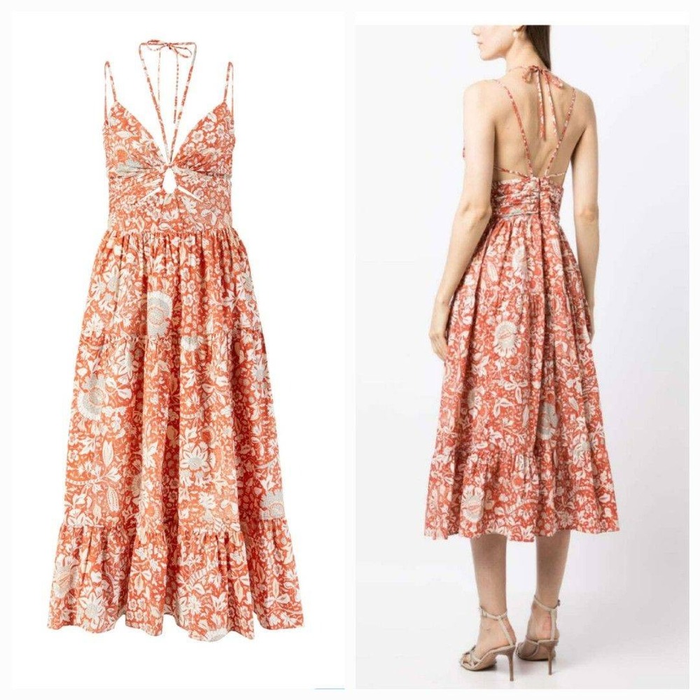 Ulla Johnson Phoebe Halter Tie Strap Tiered Midi Dress Orange Blossom Cotton Sz4